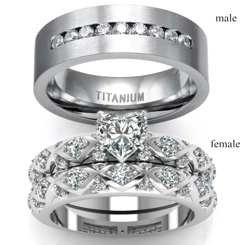 Solitaire Ringpar ringer hans och hennes 925 Silver Heart Cut Diamond Women's Wedding Ring Men's Zircon Ring Bridal Wedding Jewelry