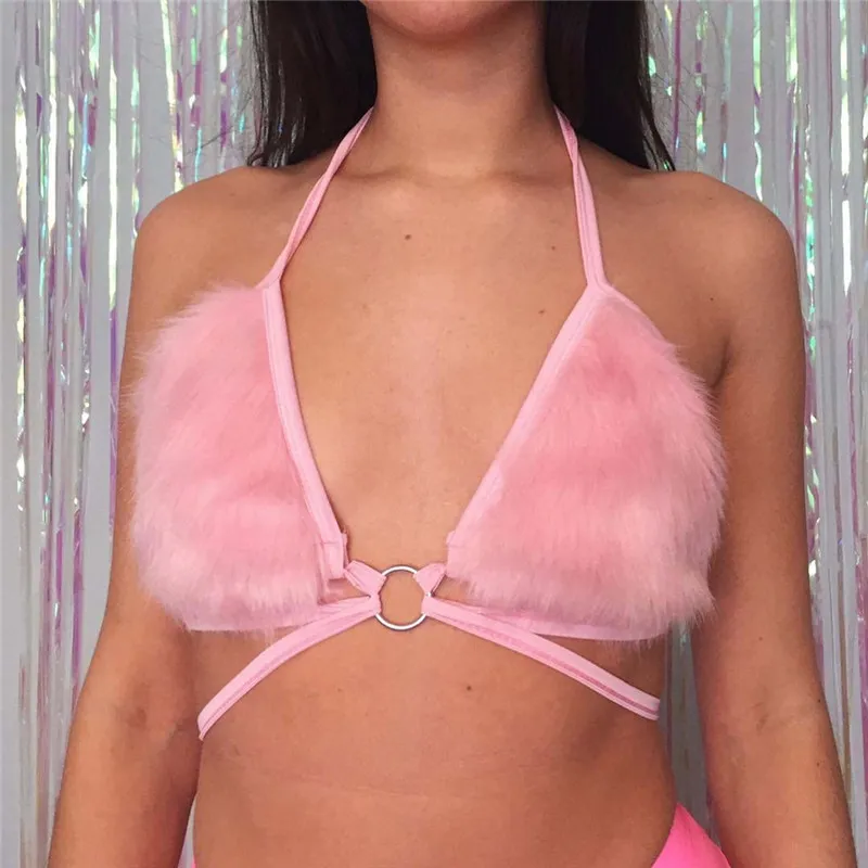 Pink Faux Fur Feather Halter Top Sexy Festival Rave Halter For