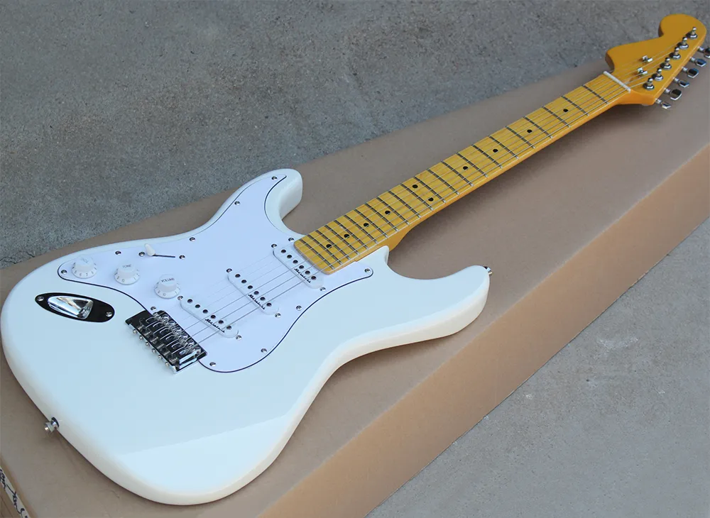 Guitare électrique blanche pour gaucher avec manche en érable, pickguard blanc, manche en érable jaune, peut être personnalisée sur demande