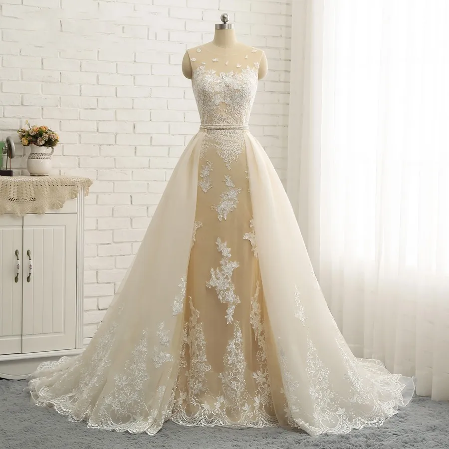 Champagne Ivory Detachable Train Lace Mermaid Wedding Dress With Pearls,  Sashes, Lace Applique, And Sheer Neckline Fashionable Bridal Gown 2019 From  Lovemydress, $130.11