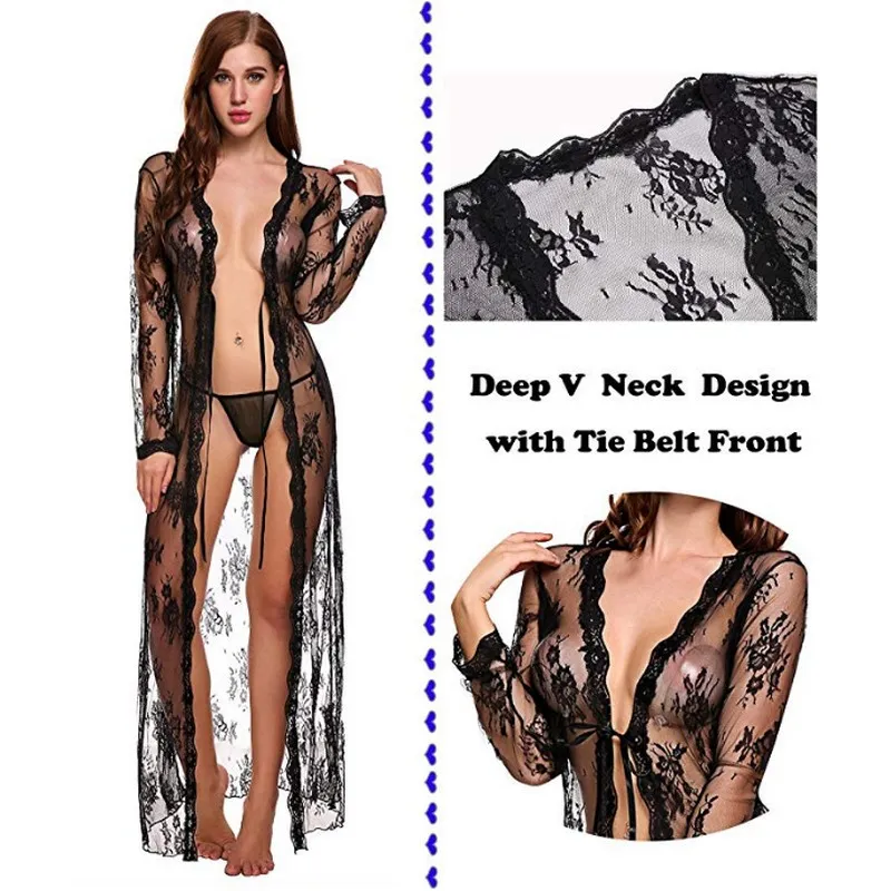 Vestido sexy de mangas compridas com frente aberta, lingerie para mulheres, vestido longo de renda e malha transparente, vestido kimono plus S-4XL 3370