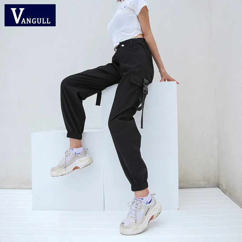 Vangull Long Cargo Women High Waist Pants Buckle Big Fickor Kvinnliga byxor Streetwear Pant 2019 Nya Fashion Sweatpants C19041102