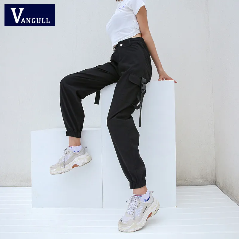 Vangull 긴화물 여성 높은 허리 바지 버클 큰 포켓 여성 바지 Streetwear 팬츠 2019 새로운 패션 스웨트 C19041102