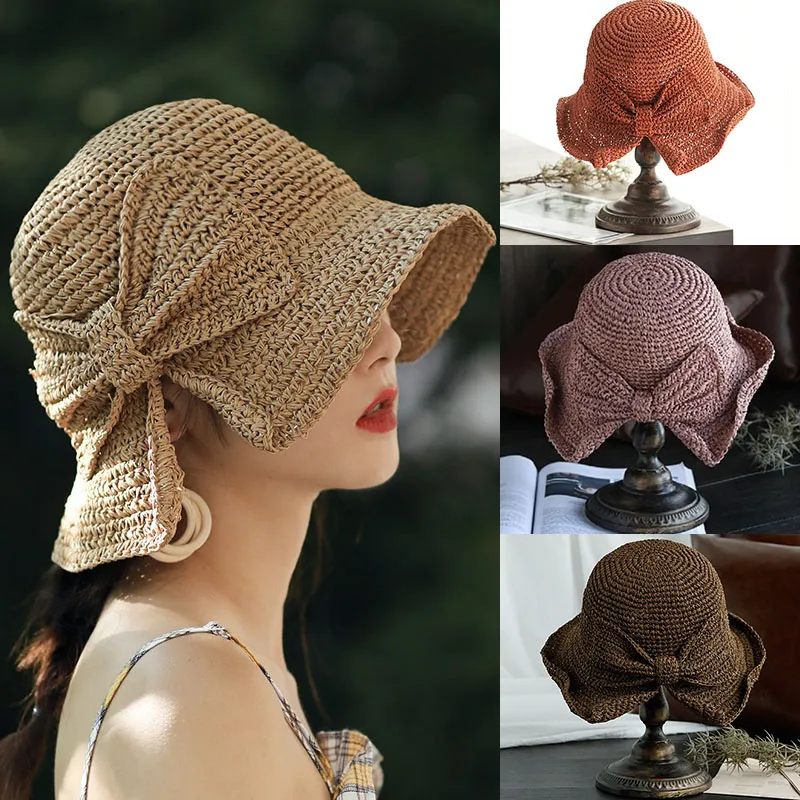 Estate Delle Ragazze Delle Donne Cappello di Paglia Della Signora 8 Colori Semplice Fiocco Cappello da Pescatore Viaggio Uncinetto Parasole Cap Erba Treccia Cappelli da Spiaggia M1396