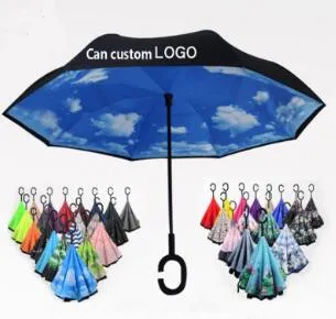 Vouwbare omgekeerde paraplu dubbele laag C handvat paraplu's unisex omgekeerde lange handvat winddichte regenwagen parasols geschenken 56 kleuren