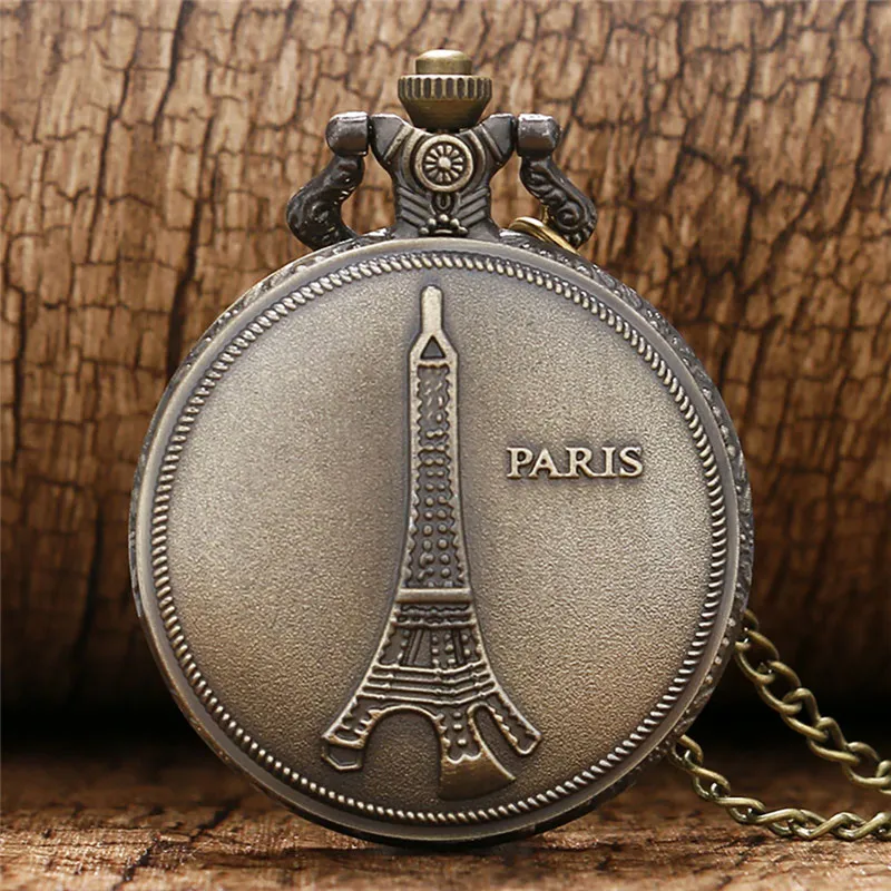 Bronze Retro French Paris Eiffel Tower Pocket Watch Men Women Analog Quartz Watches Clock with Necklace Chain Souvenir Gift