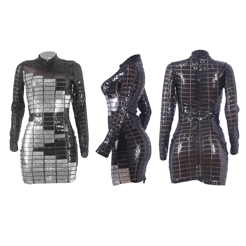 sparkly long sleeve dress short Silver metallic long-sleeve sequined mini dress L / 8 / Silver