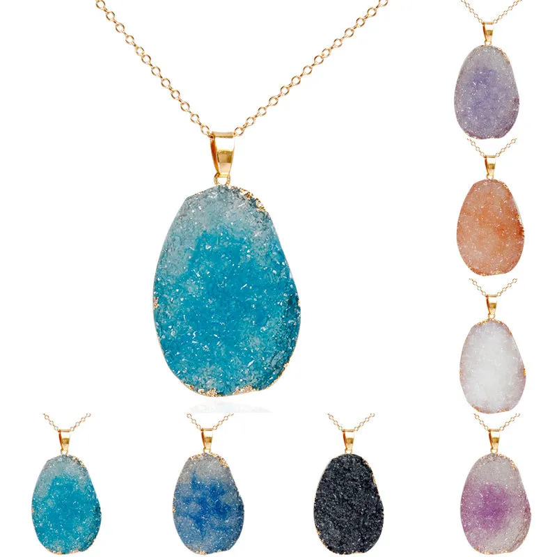 Fashion Natural Resin Stone Pendant Necklaces Crystal Quartz Healing Chakra Bead Gemstone Gold Link Chain Necklace for Women Bohemia Jewelry Gifts