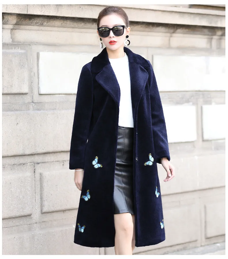 Moda-2019 Moda Jaqueta de Inverno Mulheres Real Ovelhas Cisalhando Casaco de Pele Bordado Bordado Natural Pele Casacos Longos Jaquetas de Lã Quente CY7091
