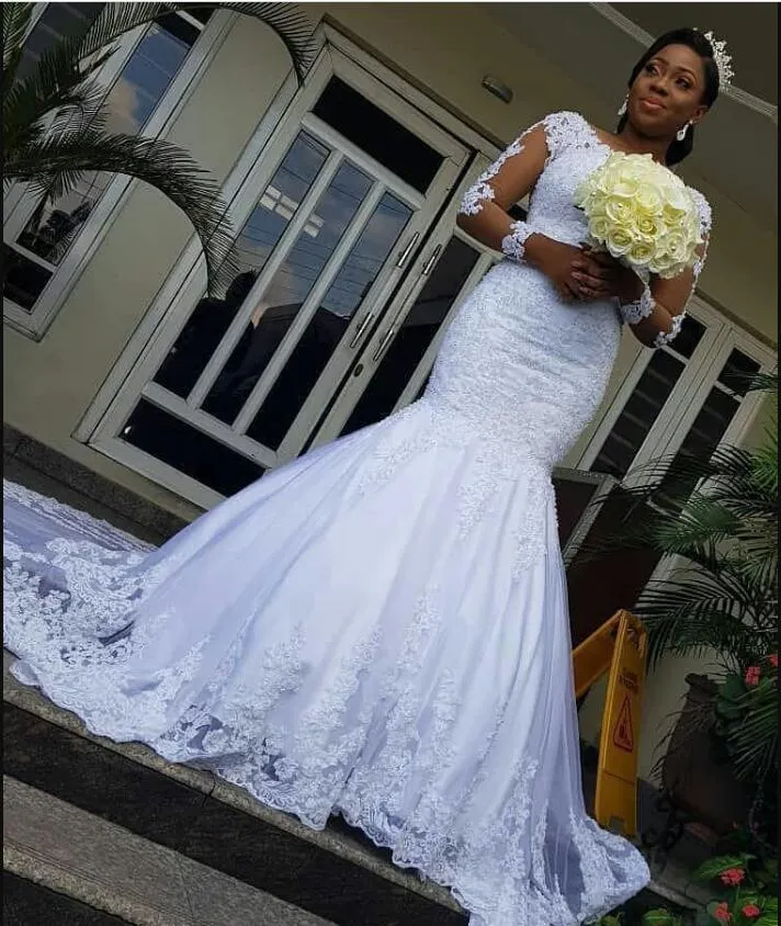 Abiti da sposa vintage a sirena in pizzo 2019 Nuovo design Applique Corte dei treni Illusion Abiti da sposa africani a maniche lunghe a buon mercato Vestido de Novia