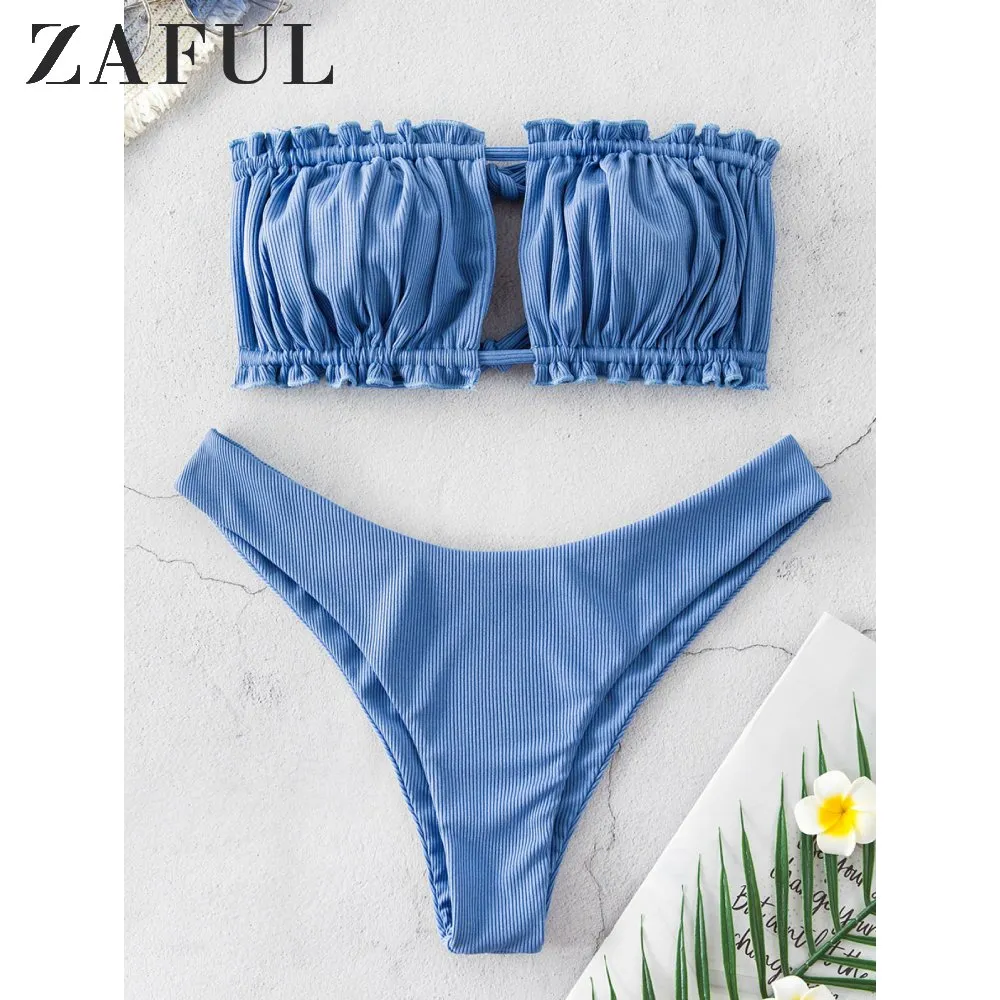 Zaful Ribbed التعادل انقطاع العصابة بيكيني ملابس السباحة مثير حمالة ruched قطع بيكيني مرونة عالية قطع عالية الساق النساء بيكيني مجموعات