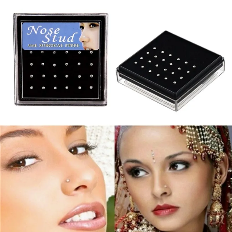 Näsa ringar studs 24 st/set crystal näsring tappar rostfritt kirurgiskt stål näsa piercing färgglada strass mode kropp kvinnor flicka smycken smycken