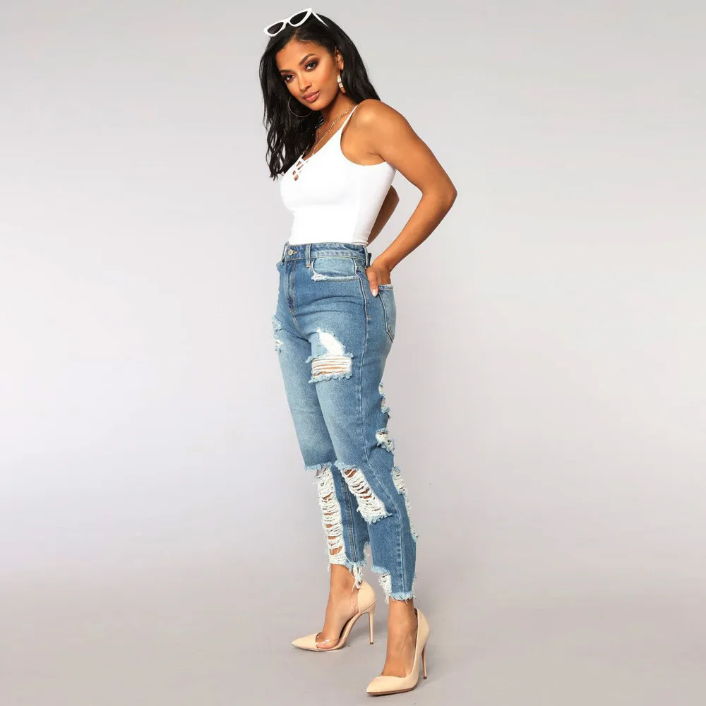 Bleach Wash Shredded Ripped Pencil Skinny Jeans Women Blue High Waist Long Pants Stretchy Denim Jean