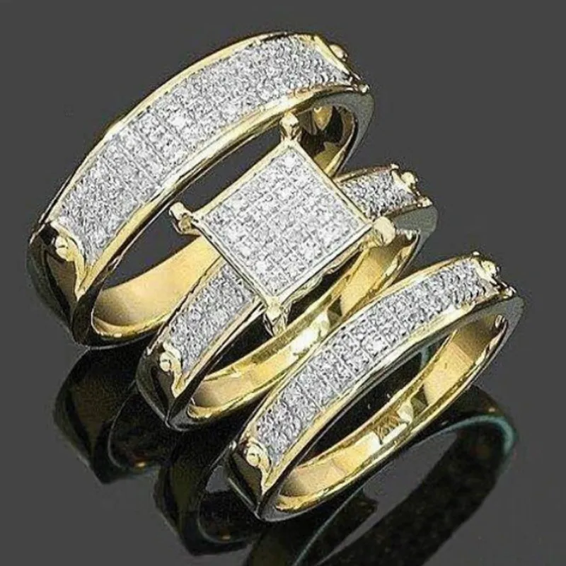 "Dia de Páscoa" presente 3Pcs Moda Trendy Jóias da Mulher 18k Gold Plated Copper Zircon Wedding Couples Tamanho do Anel 5-11 # 110