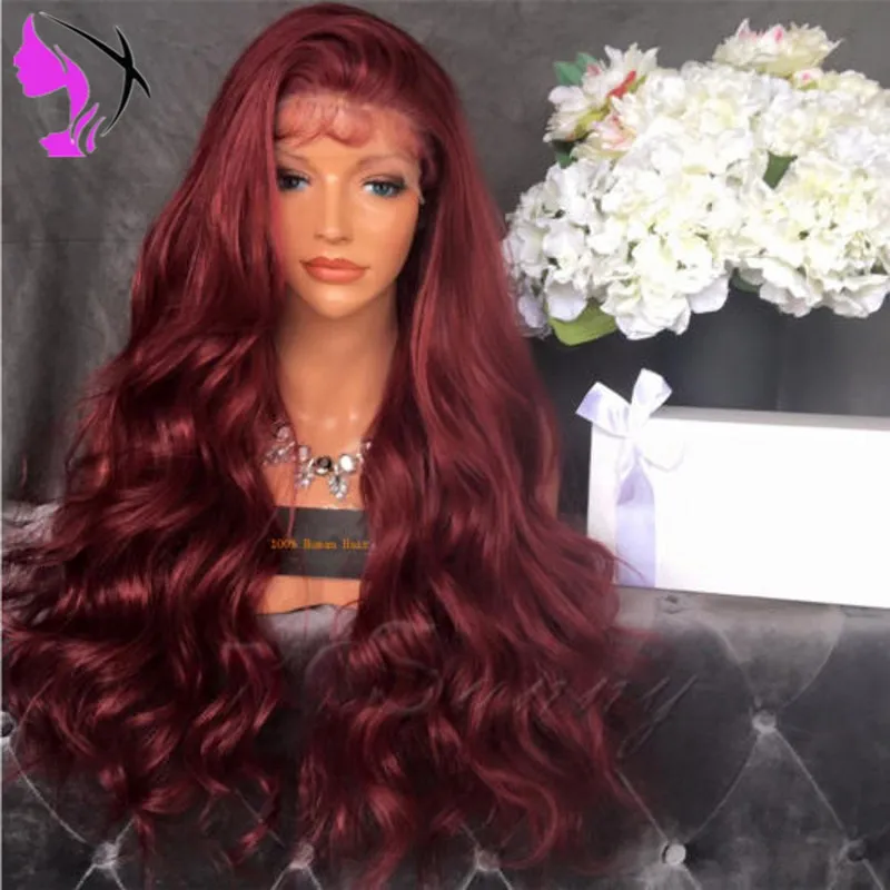 Lång Burgundy Vin Röda Parykar Naturlig Brasiliansk Kropp Vågig Lace Paryk Sidor Syntetisk Lace Front Wig För Black Women Natural Hairline