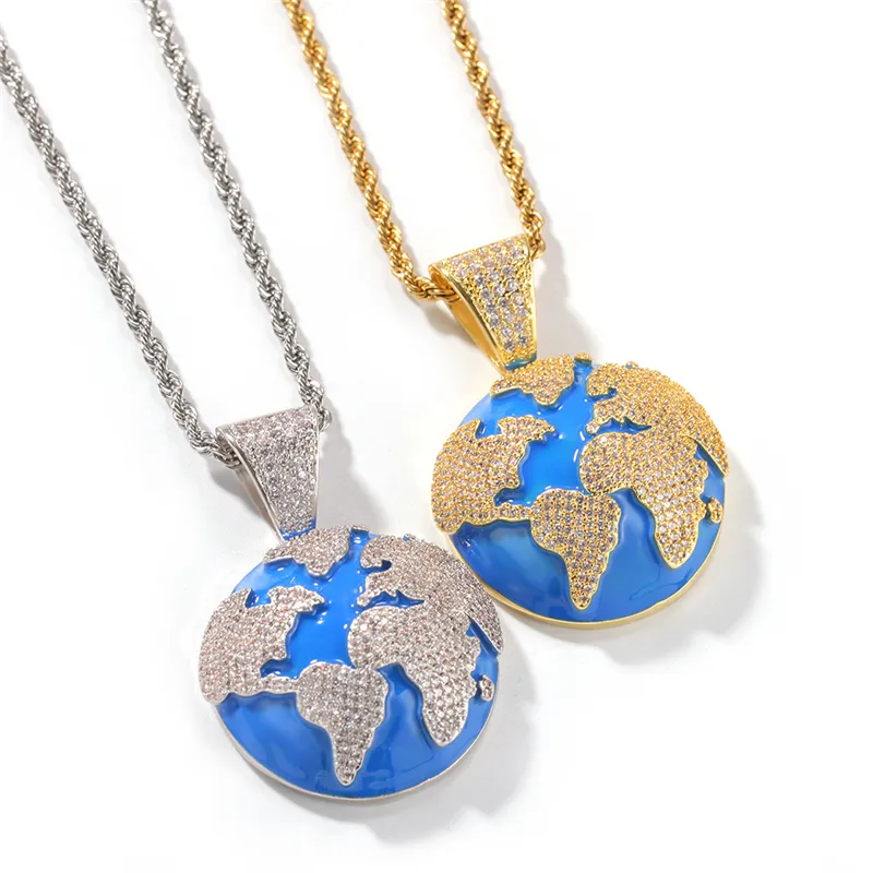 Europe et Amérique Nouvelle Mode Plaqué Or CZ Terre Pendentif Collier pour Hommes Femmes Hip Hop Bijoux Cadeau pour Ami