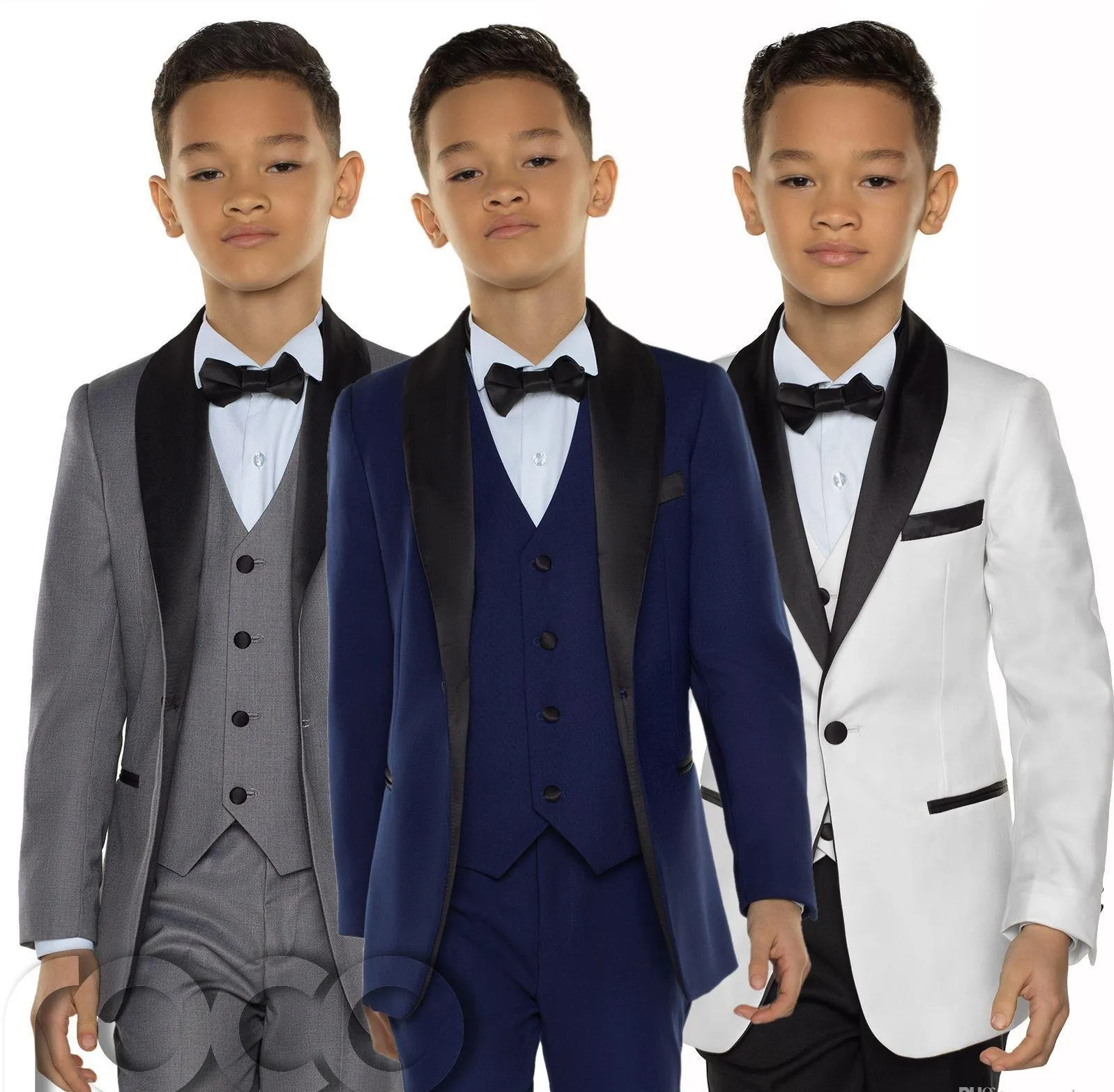 Smoking da ragazzo elegante su misura con risvolto scialle e bottoni, abbigliamento per bambini per la festa di nozze, completo per bambini, set da ragazzo (giacca + pantaloni + fiocco + gilet)