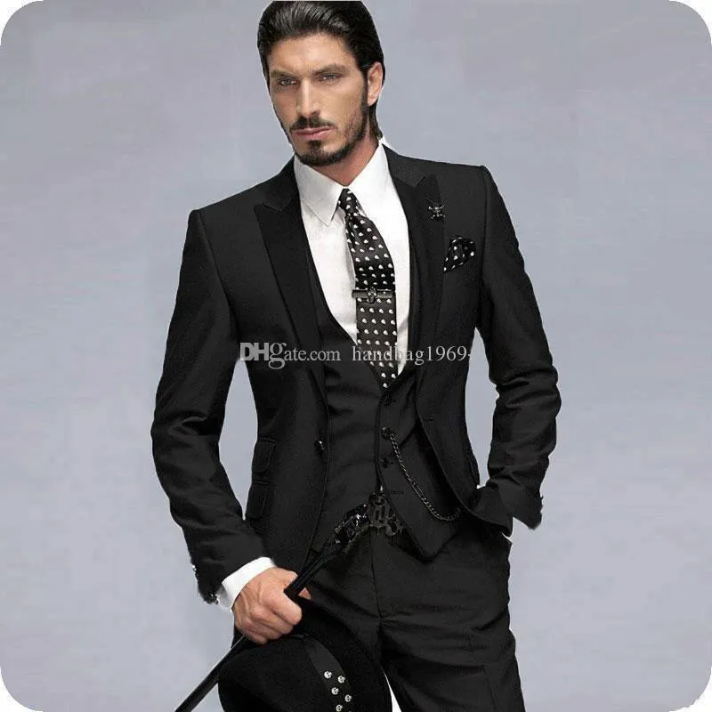 Novo Design Um botão preto Noivo Smoking pico lapela Groomsmen Mens ternos de casamento / Prom / Jantar Blazer (jaqueta + calça + Vest + Tie) K225