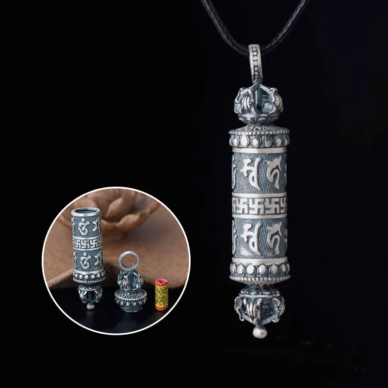 S990 Sterling Silver Mantra Locket Necklace - Retro Amulet