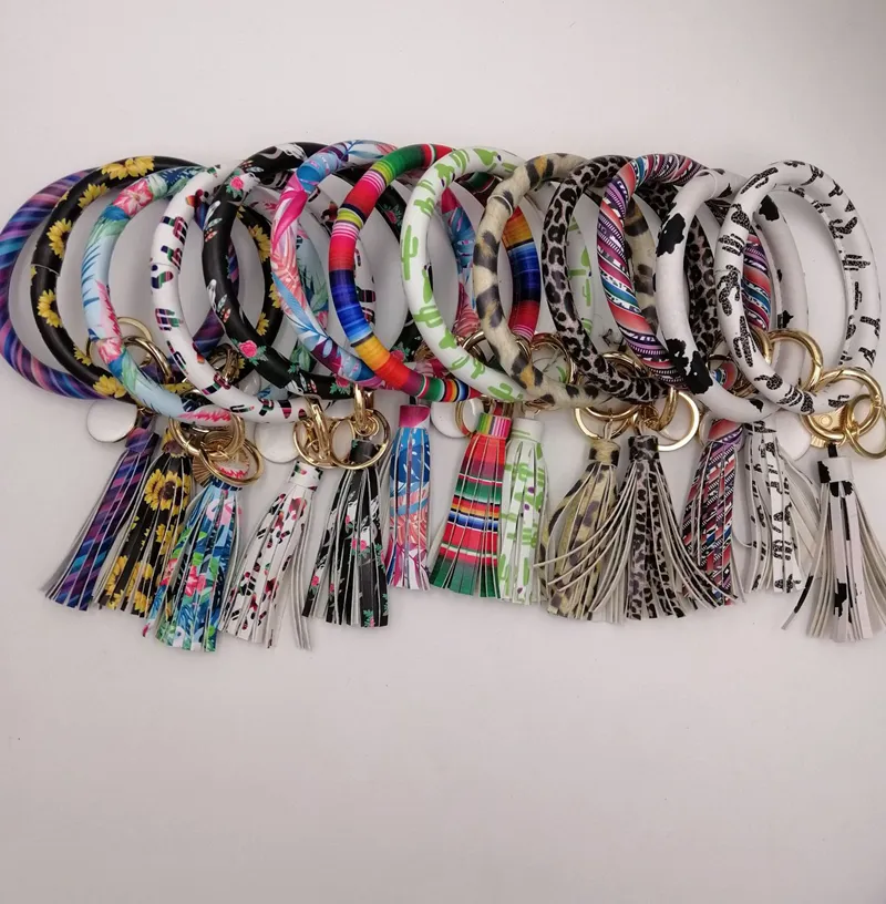 EUBFREE 10pcs mixed colors PU Leather O Key Chain Custom Circle Tassel Wristlet Bracelet Keychain Women Girl Key Ring Wrist Strap