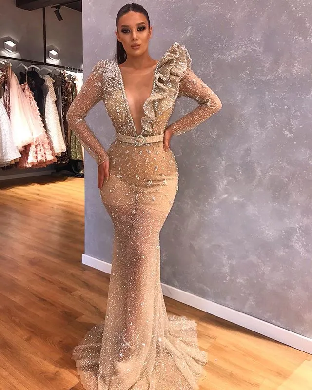 Mermaid Evening Dresses Deep V Neck Long Sleeve Sash Beads Appliques Tulle Prom Dress Sweep Train Formal Dresses