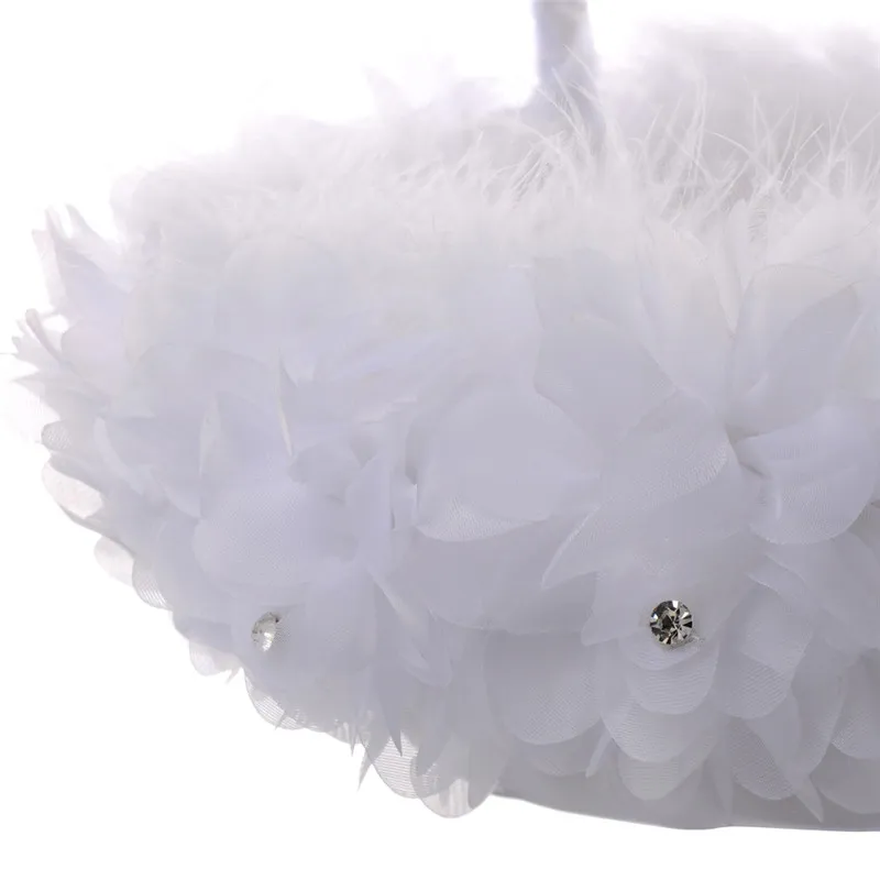 White Ostrich Feather Flower Girl Basket Elegant Lace Rhinestone Bridal Flower Basket Wedding Favors Wedding Accessories253T