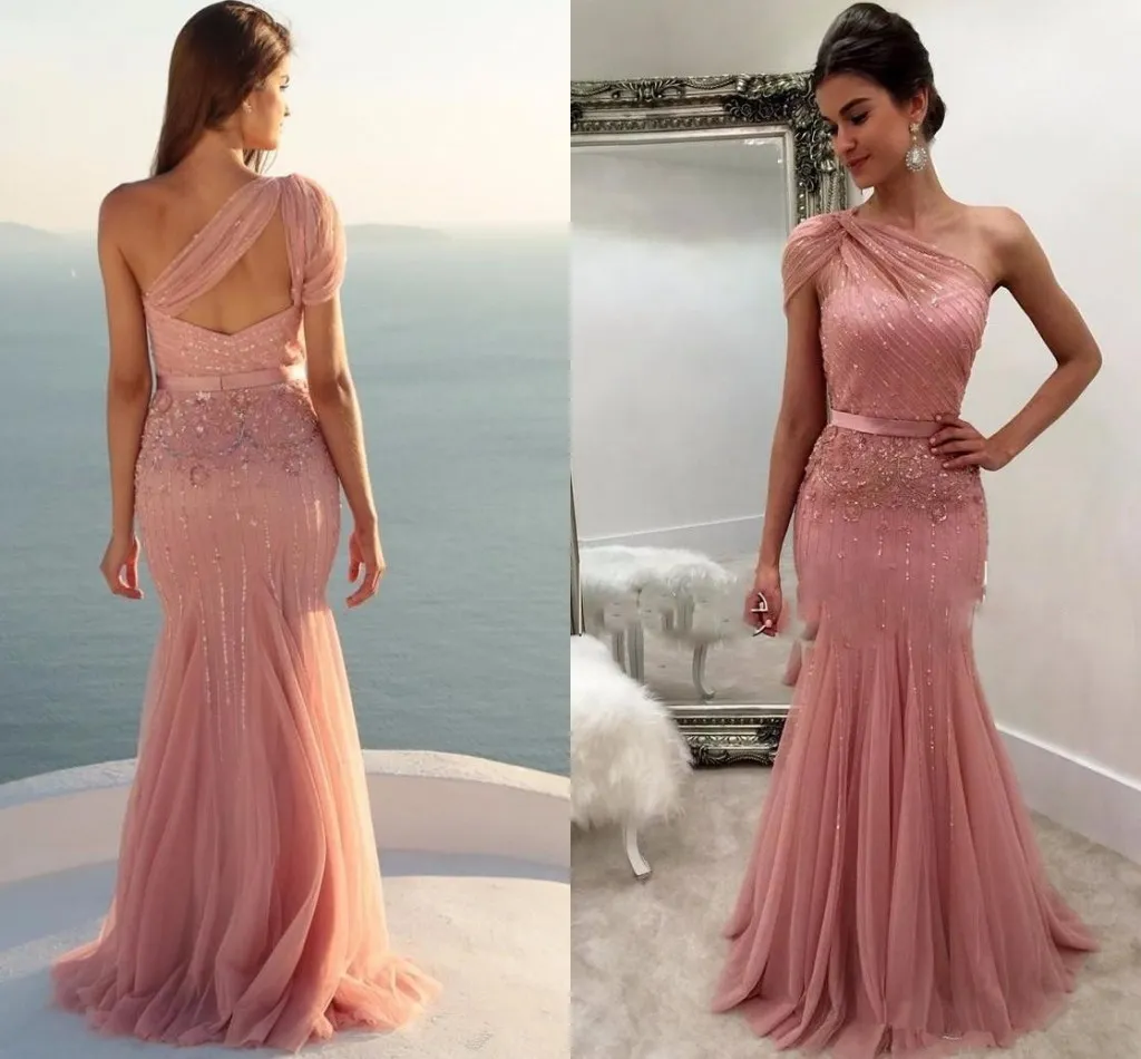 One Shoulder Blush Pink Mermaid Formal Bridesmaid Dresses Sparkly Sequins Party Dresses Open Back Wedding Guest Evening Gowns