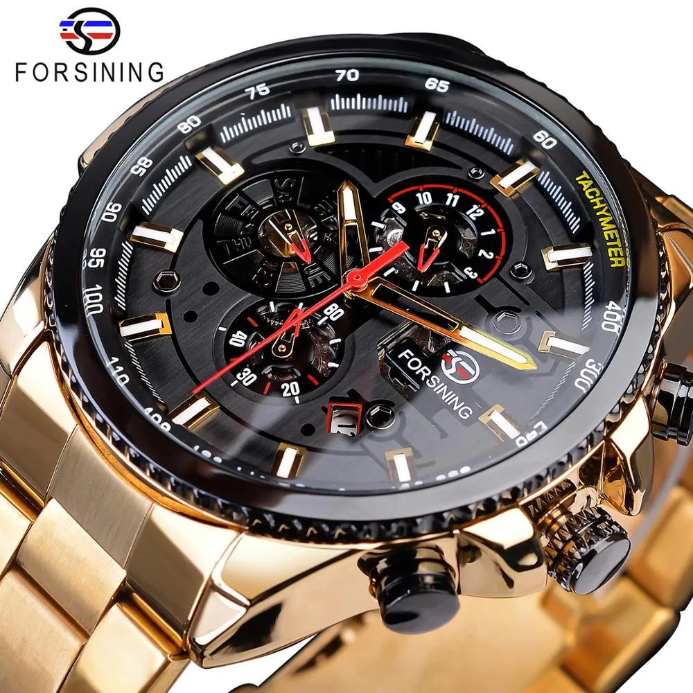 Forsining Classic Black Golden Clock Male Steampunk Sport Series Calendario completo Orologi automatici da uomo Top Brand di lusso