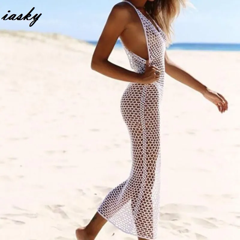 IASKY 2019 Nuovo vestito lungo da spiaggia lavorato a maglia donne sexy costumi da bagno bikini a rete copricostume Robe de plage copricostume da spiaggia