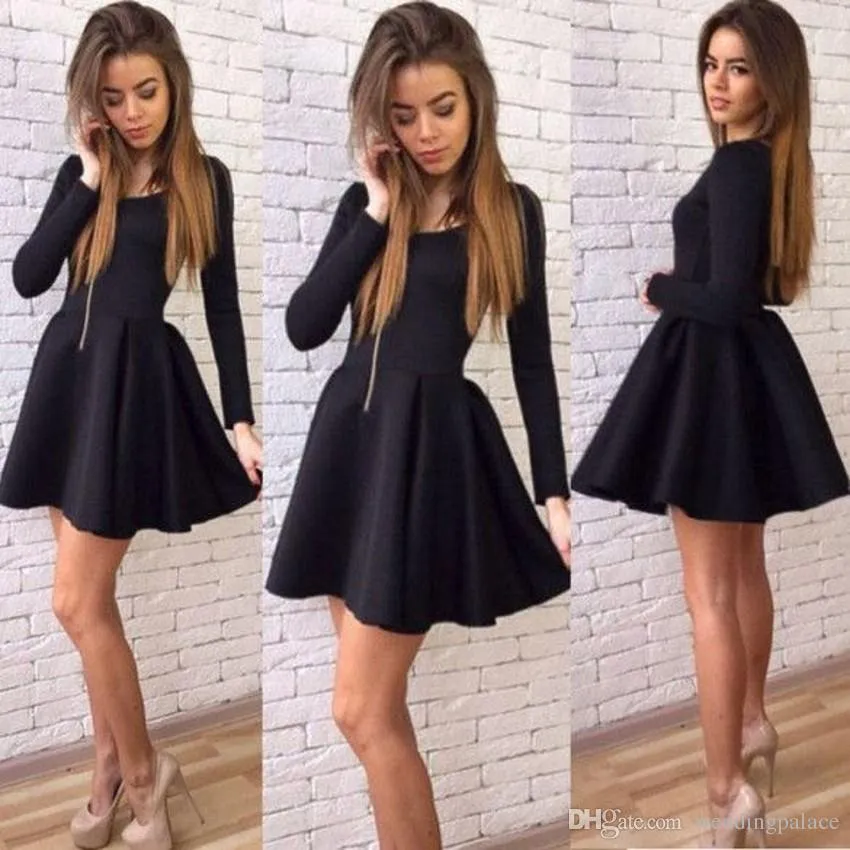 2020 Nyaste Svart Långärmad Homecoming Klänningar Elegant A-Line Mini Short Cocktail Prom Party Dresses Graduation Prom Klänningar