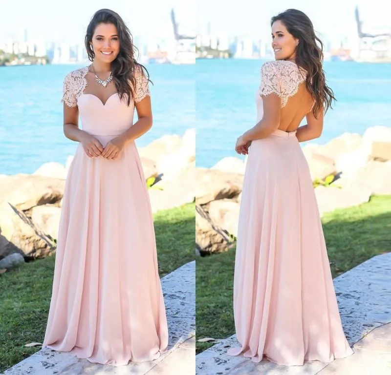 Ankomstdesigner Peach Pink Long Bridesmaid Dresses Lace Cap Sleeves Chiffong Hollow Back Custom Made Wedding Guest Gowns