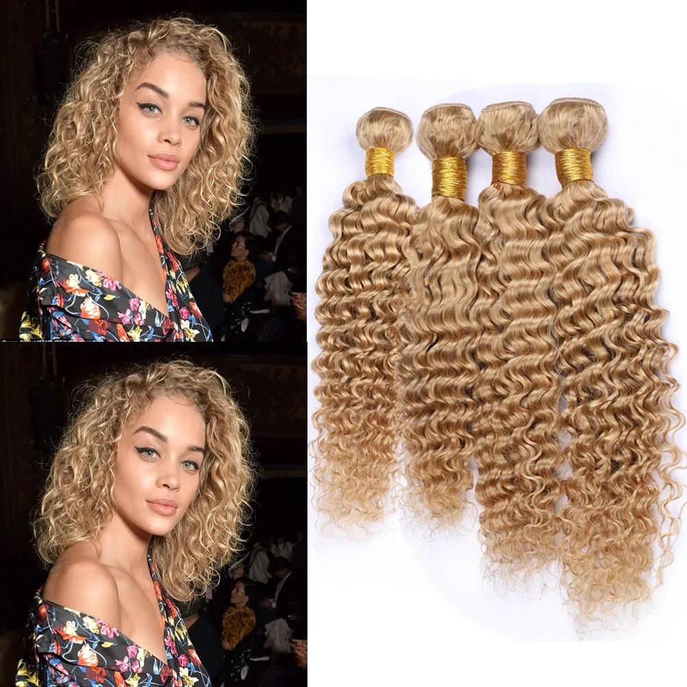 Brazilian Human Hair Honey Blonde Deep Wave Bundles Deals 4Pcs 400Gram #27 Light Brown Deep Wave Curly Human Hair Weave Wefts 10-30"