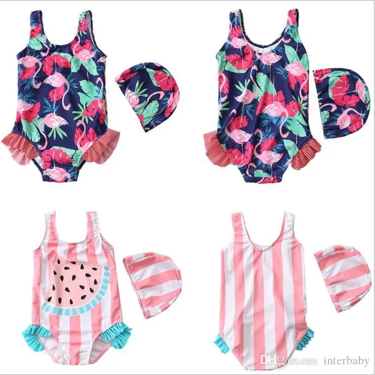 Kids Swimwear Swan Ruffle Girls Bikini Swim Caps Baby Flamingo Floral Swimsuit Cartoon Striped Bathing Suit Tankini Fashion Rompers BYP5206