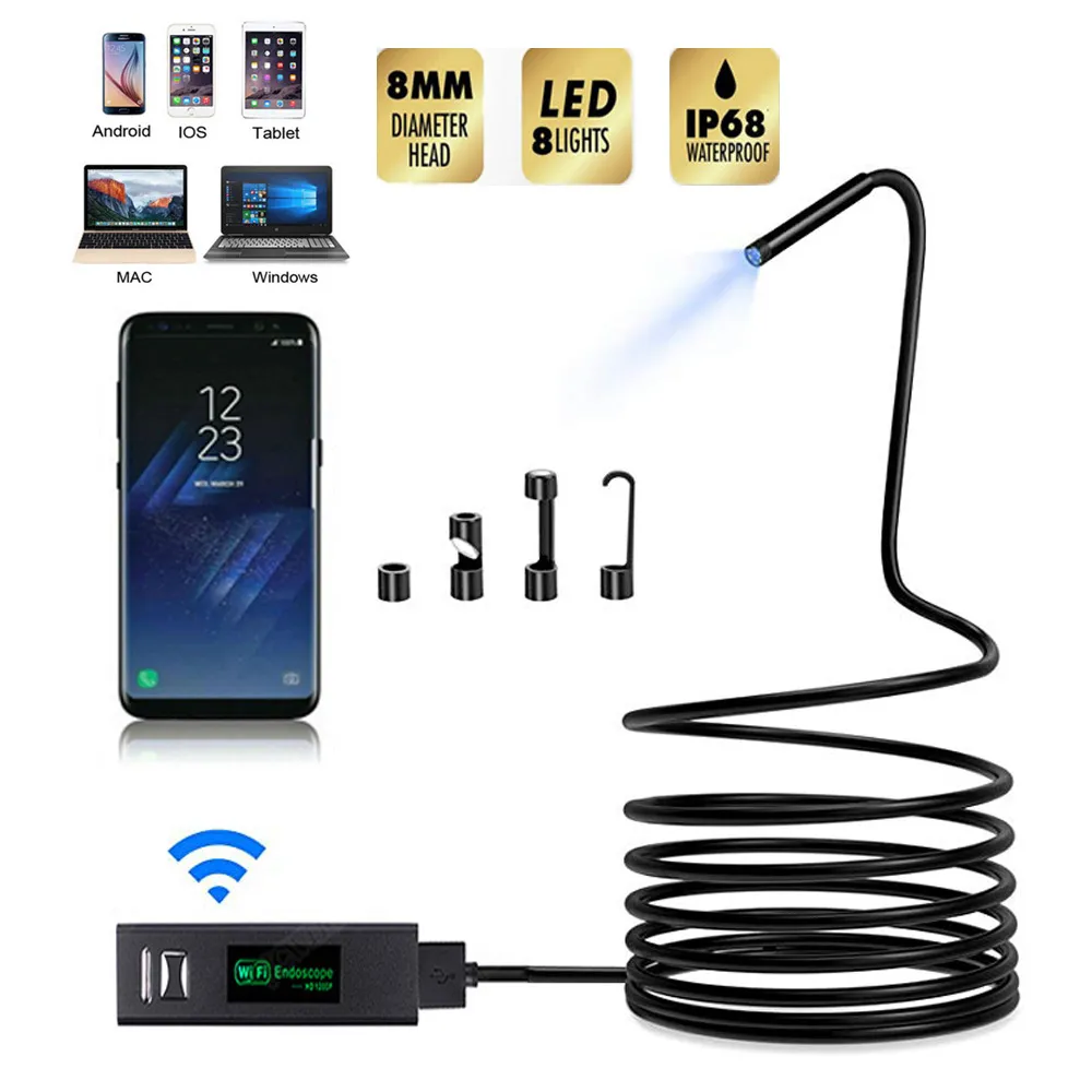 Wireless WiFi Mini Endoscope Camera HD 1200P Mini Soft/Hard Cable Inspection Camera 8mm 8LED
