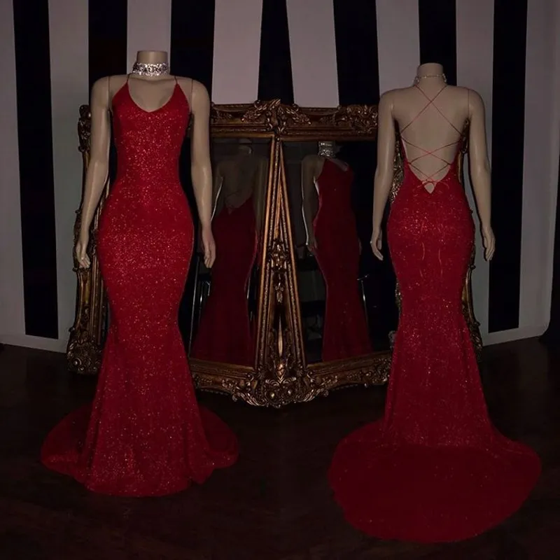 Cekinowe czerwone sukienki balowe Criss Cross Backless Nowe refleksyjne afrykańskie wieczorne impreza Długie