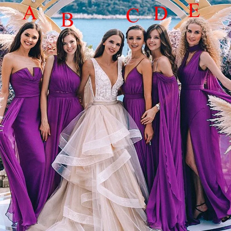 Purple Long Bridesmaid Dresses For Girls Wedding Party Dresses Floor Length  Mixed Style Chiffon Gowns Maid Of Honor Gowns Custom Made