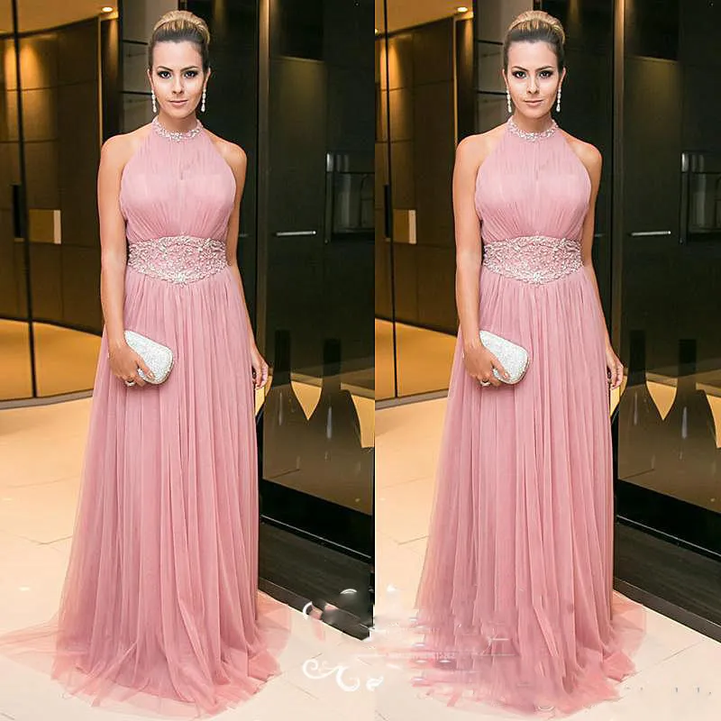 Pink Tulle Longues Robes De Soirée Formelles Avec Des Perles De Taille 2019 Sexy Halter Une Ligne De Robe De Bal Parti Pour Les Femmes