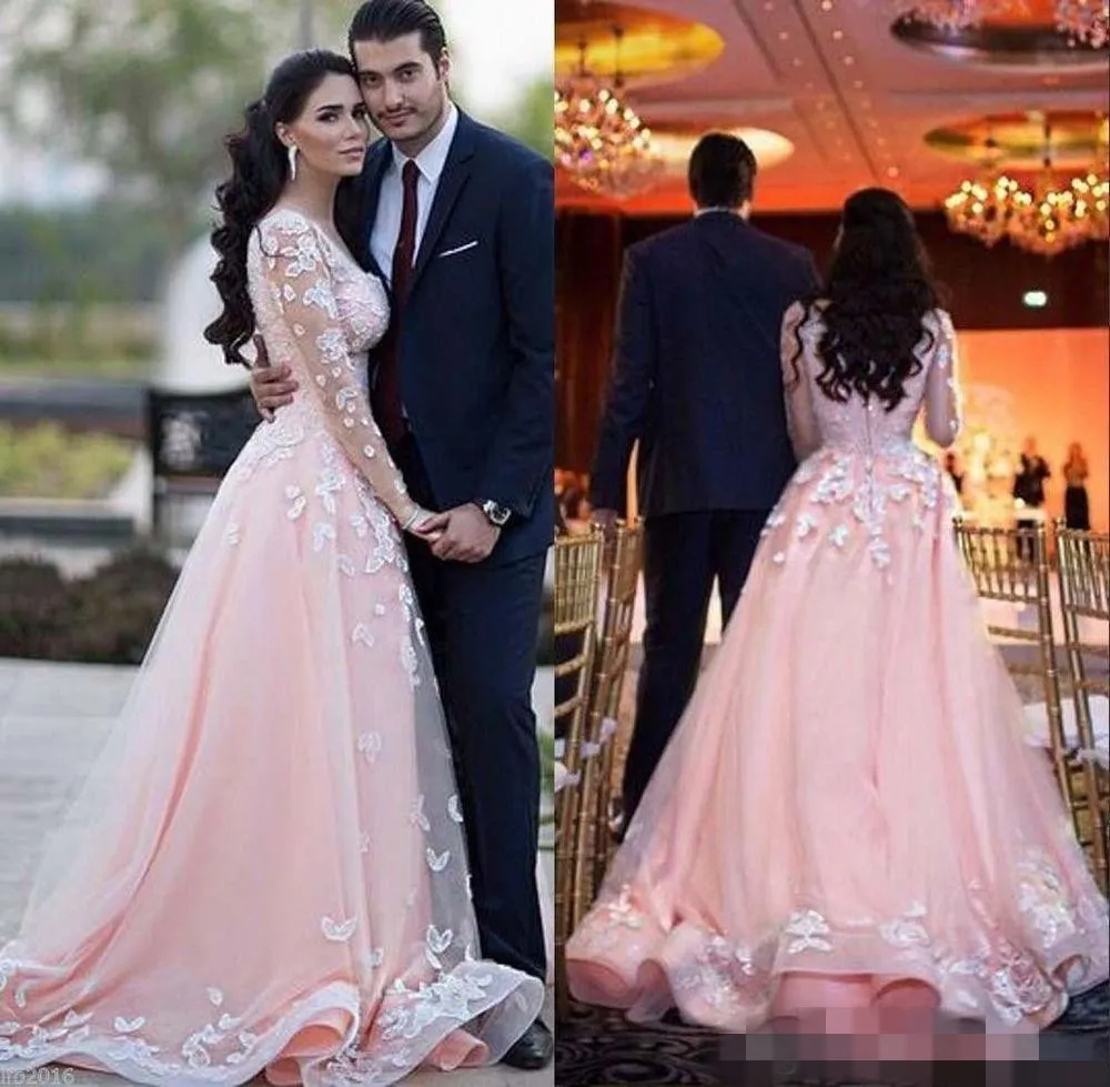 Blush Pink Lace Applique Wedding Dress with Long Illusion Sleeves and Sweep Train