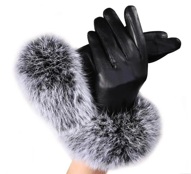 Mode-gants en cuir pour femmes nouvelles dames fourrure de lapin en cuir PU gants chauds mitaines noires hiver pleine paume écran tactile gant de velours G037