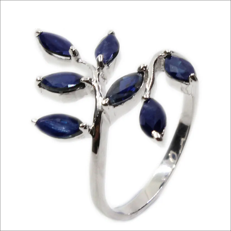 Classic Silver Leaf Ring 7 Pcs 3 Mm * 6 Mm Natural Dark Blue Sapphire Ring for Woman Real 925 Silver Sapphire Ring Romantic Gift for Woman