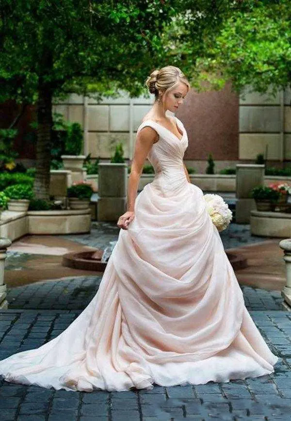 Gorgeous Blush Pink Ball Gown Wedding Dresses Plunge V Neck Ruched