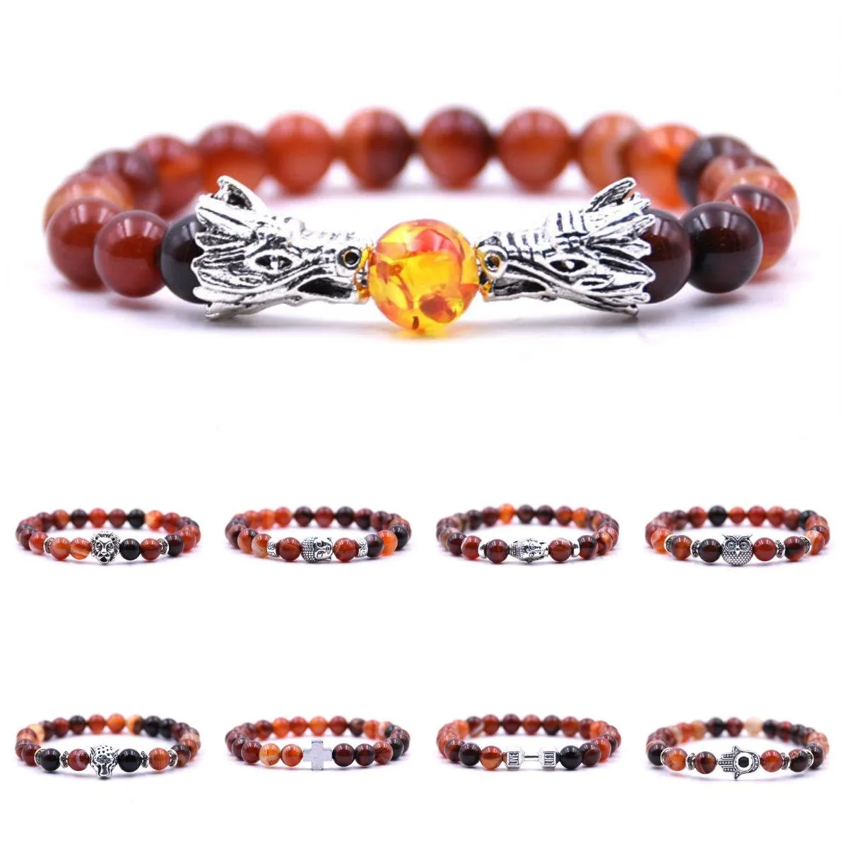 Natural Stone Bracelet & Bangle Luxury Charm Bracelet Palm Dragon Lion Owl Armor Barbell Leopard Skull Cross Buddha Bead Bracelet