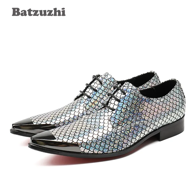 Batzuzhi Luxury Men Dress Shoes Pointed Toe Metal Cap Lace-up Sequins Men Business Leather Shoes Party&Wedding Man Shoes Zapatos