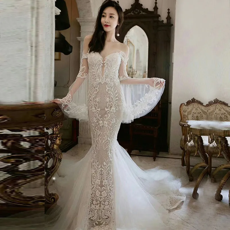 Elegante vestido de noiva chinês sheer sleeves fora do ombro laço encantador macio tule sereia vestidos nupciais