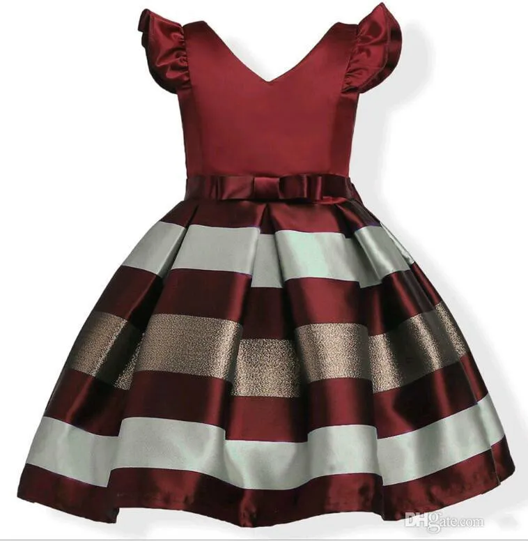 Baby Sleeves Mix Color Stripe Jacquard Party Dress For Girls Wedding Satin Europe And American Princess Dresses Fit 3-10 Years Kids