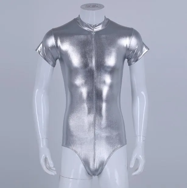 Mens Body Suit One-Piece Wetlook Shiny Metallic High Cut Short Hidees dragkedja med blick med mäns fest nattklubb214k