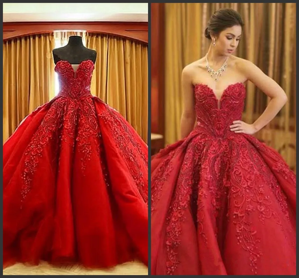 2020 New Luxury Ball Gown Red Wedding Dresses Lace Top quality Beaded Sweetheart Sweep Train Gothic Wedding Dress Civil vestido de novia