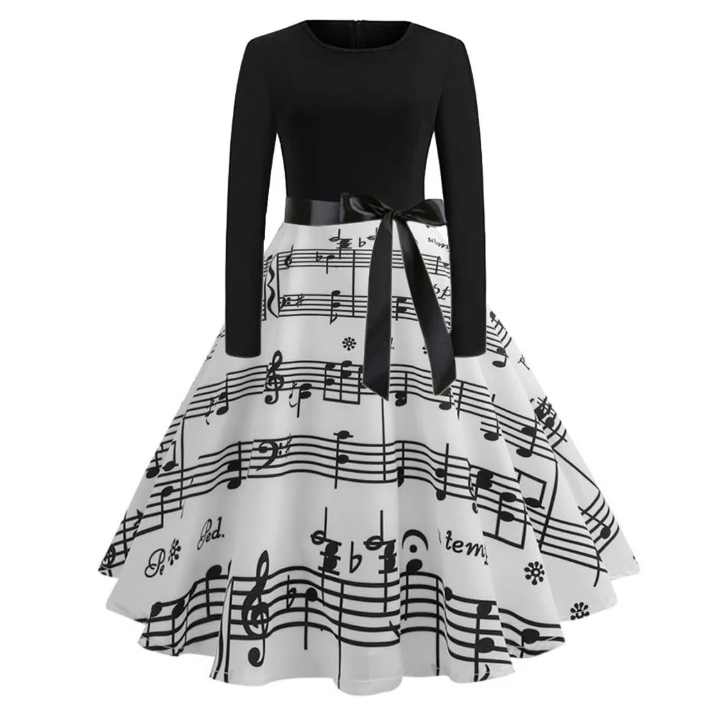 Kvinnor Vinter Gothic Party Dress Vintage Musik Note Print Långärmad Klänningar Kvinna Party Night Ukraina Klänning Kvinnor Kläder 2019