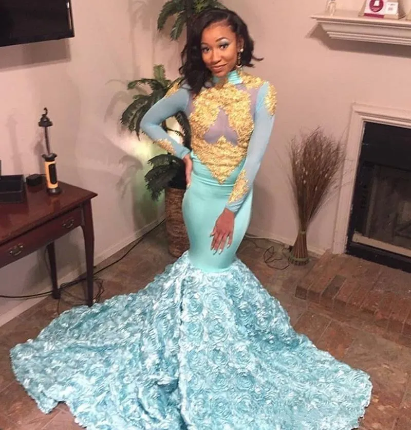 2019 menthe bleu sirène robes de bal or dentelle appliques col haut manches longues robes de soirée africaines 3D Floral robe de soirée formelle