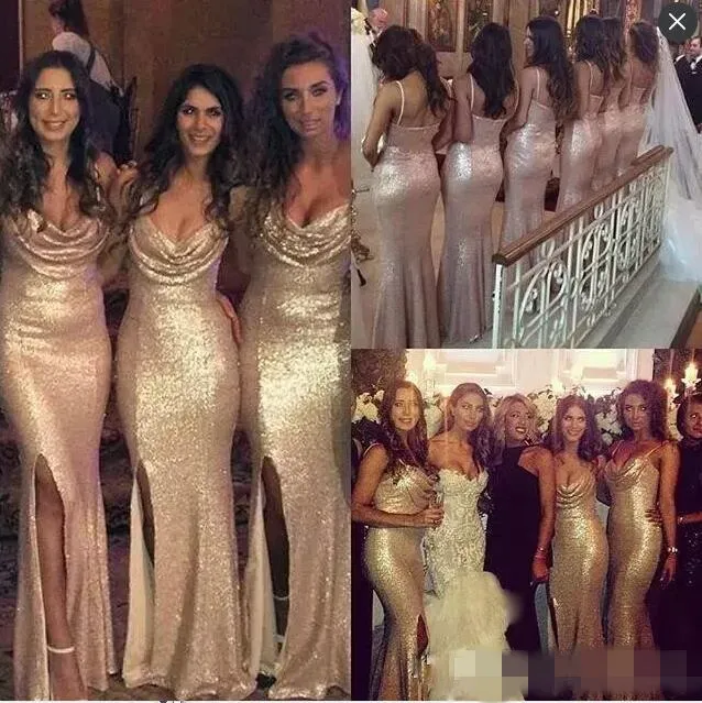 Sparkly Rose Gold Cekiny Druhna Suknie Spaghetti Paski Ruched Deep V Neck Fliss Country Wedding Guest Party Maid of Honor Suknia